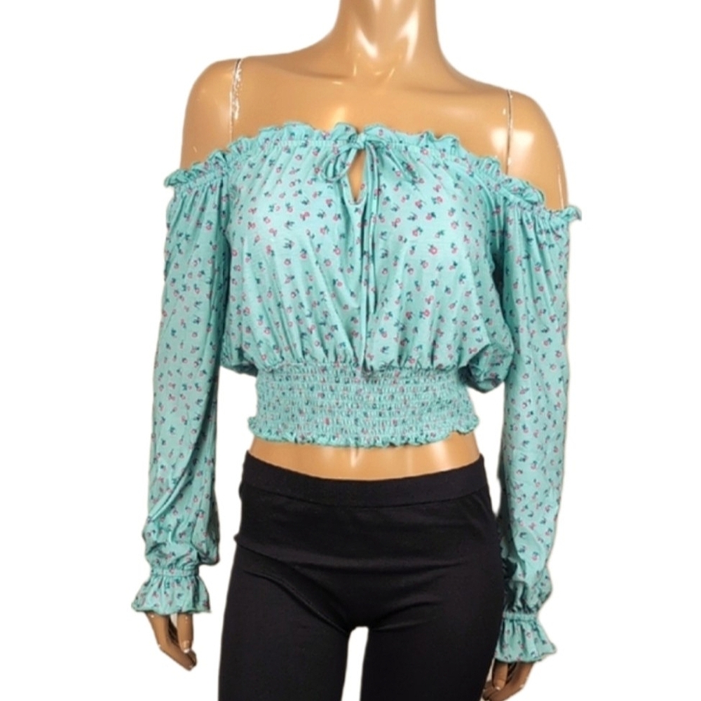 💠Guess Floral Off Shoulder Crop Top Long Sleeve Flare Cuff Smocked Bubble Hem
